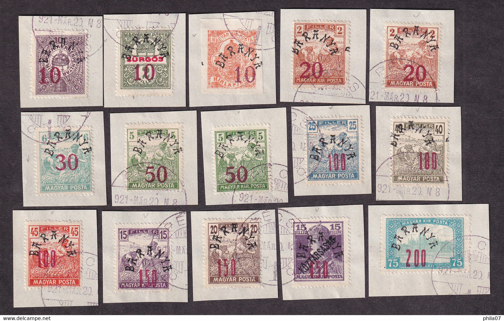 HUNGARY - Mi.No. 46/60, Complete Series On Fragments, Cancelled With Cancel Of Post Office Pecs. / 2 Scans - Postmark Collection