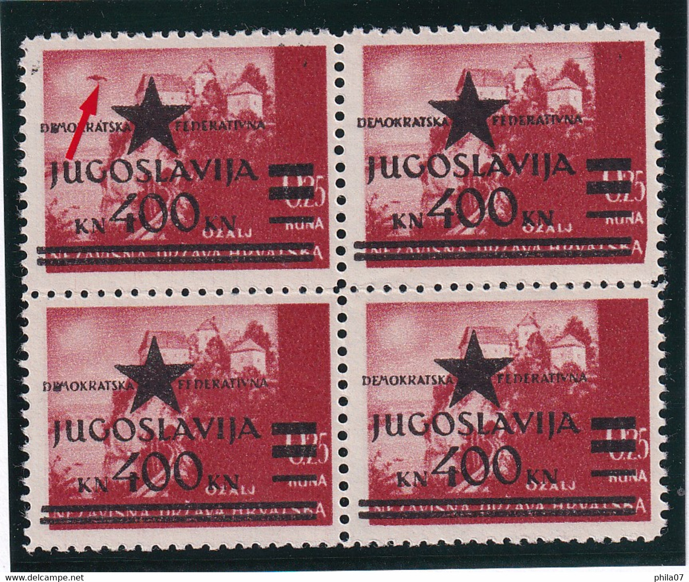 YUGOSLAVIA - Provisional Edition For Zagreb, 400/0,25 Kn, Block Of Four With Error Of Print 'bird' On Basic .../ 2 Scans - Other & Unclassified