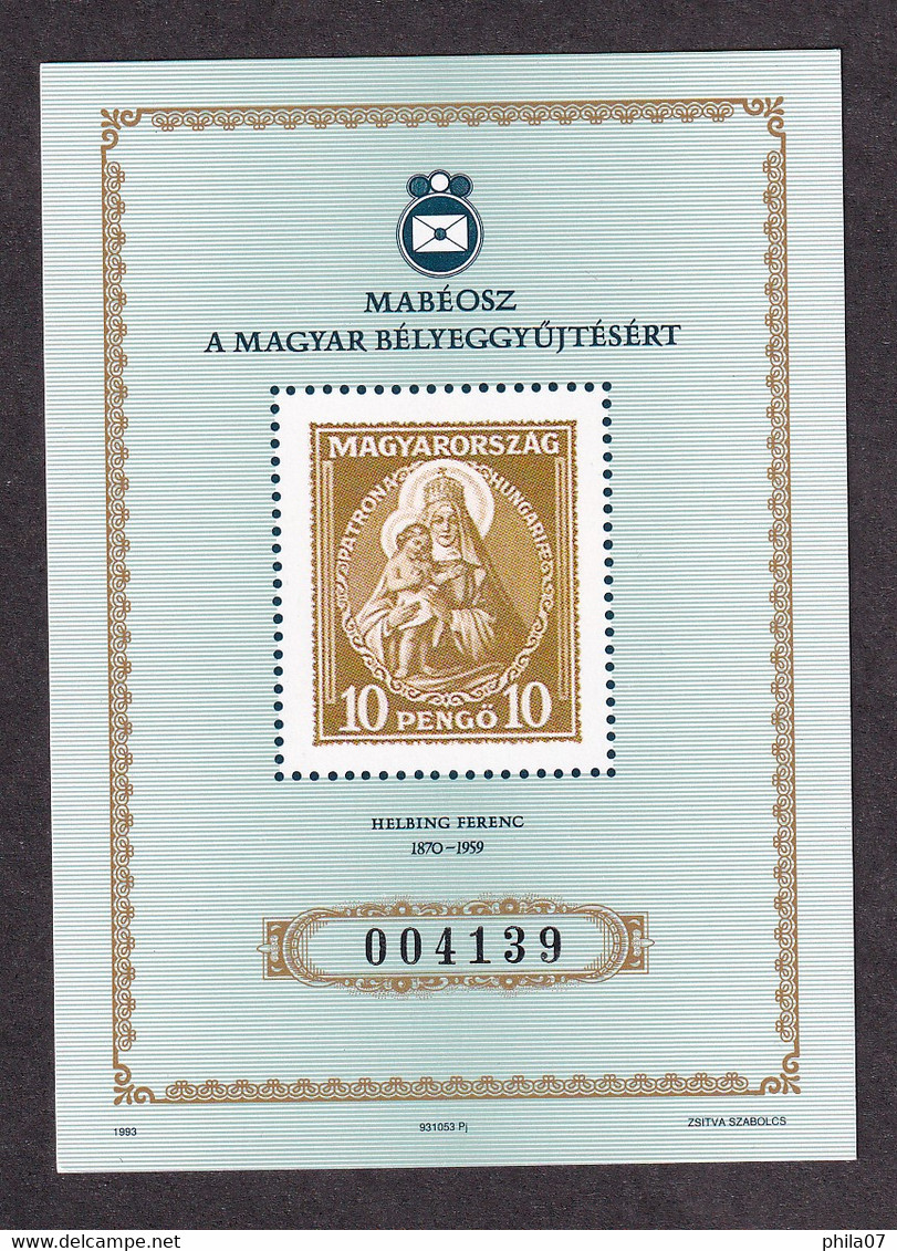 HUNGARY 1993 - Helbing Ferenc 1870-1959. Mabeosz A Magyar Belyeggyujtesert / 2 Scans - Hojas Conmemorativas