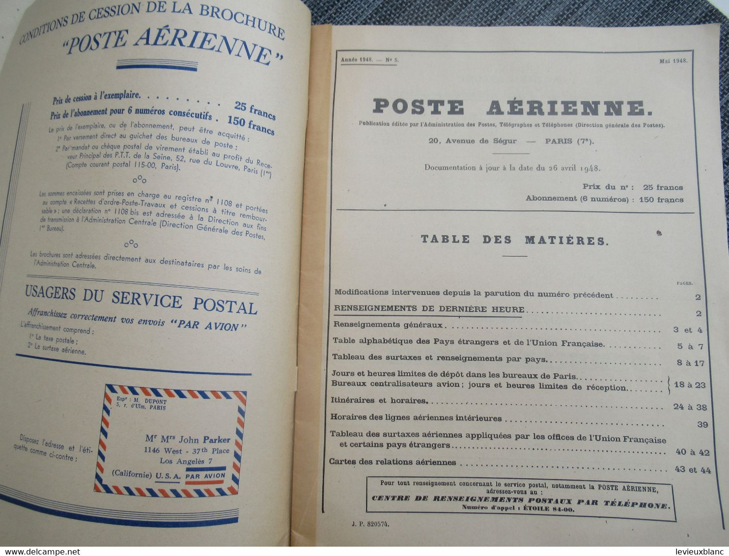 Brochure  21 X 27 " POSTE AERIENNE"/ Document édité Par L'Administration Des P T T /Année 1948 N°5//1948        TIMB150 - Andere & Zonder Classificatie