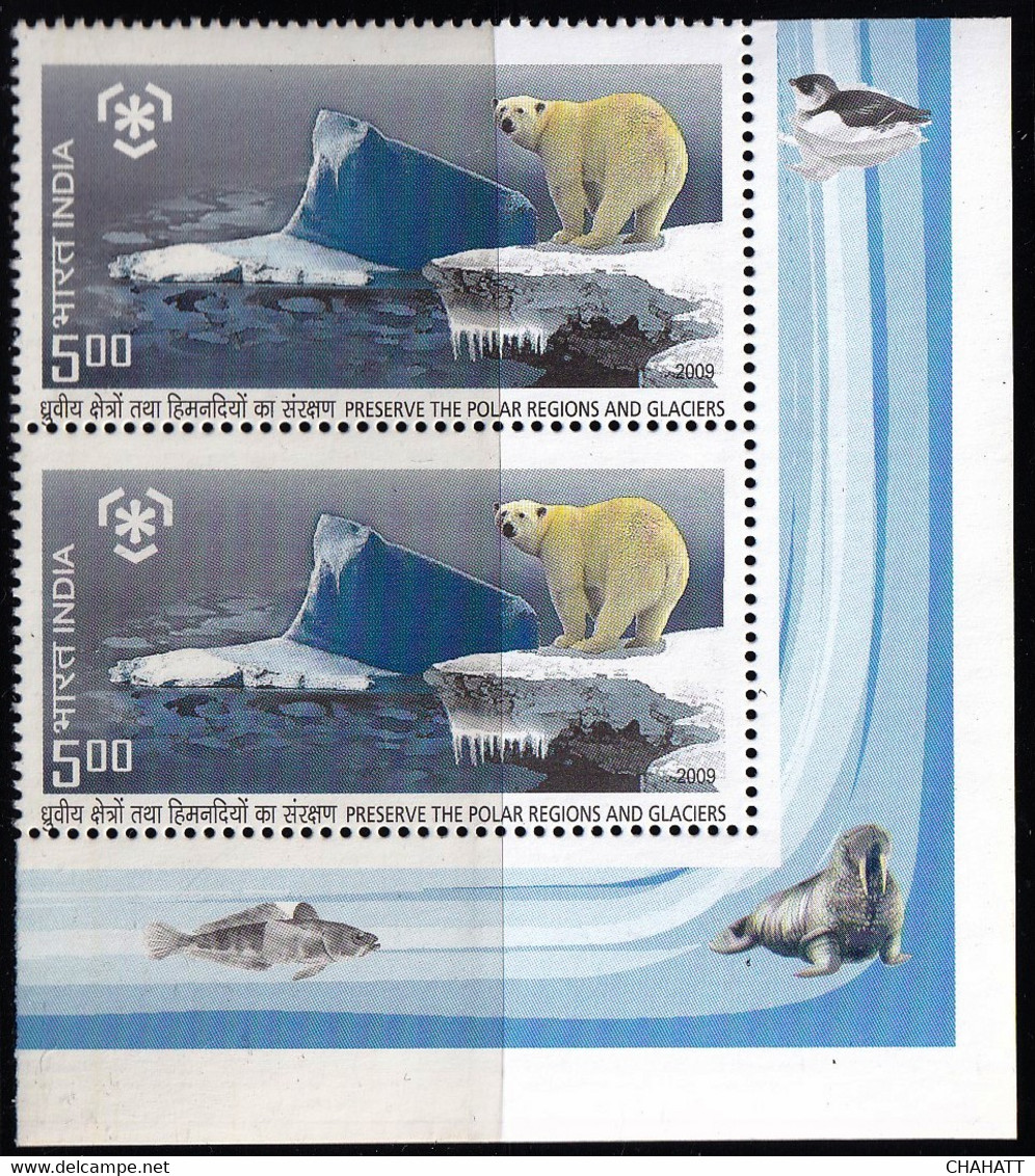 POLAR BEARS - PRESERVE THE POLAR REGIONS AND GLACIER- BLOCK OF 4 WITH CORNER PAIR-VARIETY-INDIA 2009-MNH-D5-41 - Behoud Van De Poolgebieden En Gletsjers