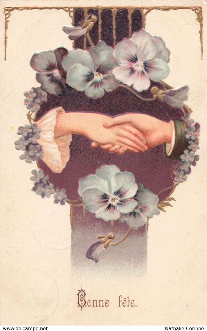 Bonne Fête - Poignée De Mains, Fleurs, Pensées, Myosotis - Finesse Du Dessin, Gaufré, Encadré Doré - 1907 - Geburtstag