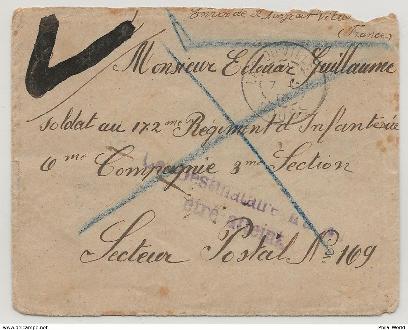 WW1 LAC Ou VILLERS - DOUBS - 1916 Lettre En Franchise Militaire Pour Secteur Postal 109 Destinataire N'a Pu être Atteint - Guerre De 1914-18