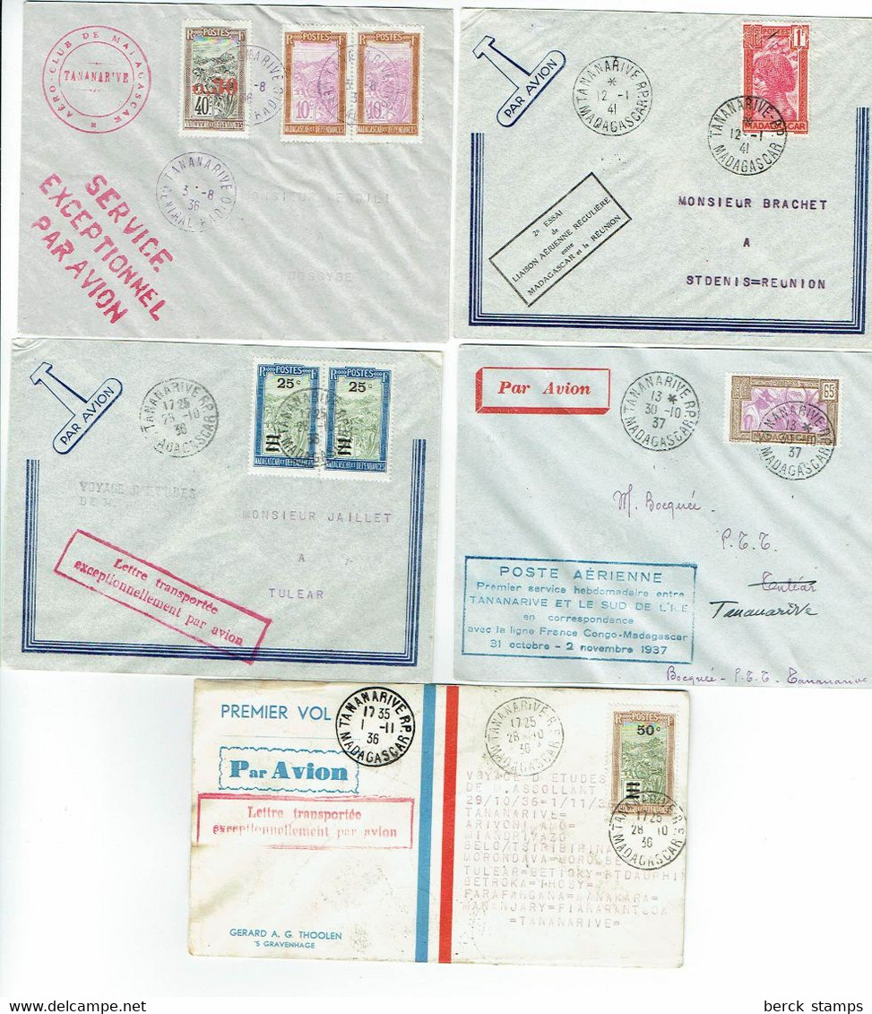 MADAGASCAR - Lot De 5 Lettres Par Avion De 1936 - 1937 Et 1941 - Départ Tananarive - Timbres Divers - Other & Unclassified