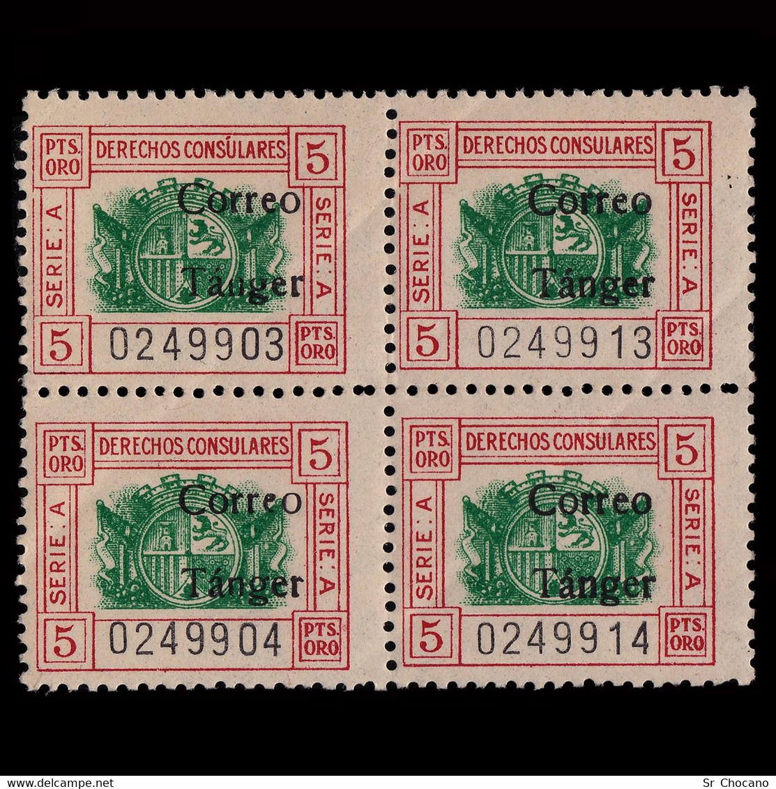 TANGER.1938.Derechos Consulares.5p.Blq 4.MNH Edifil.145 - Marruecos Español