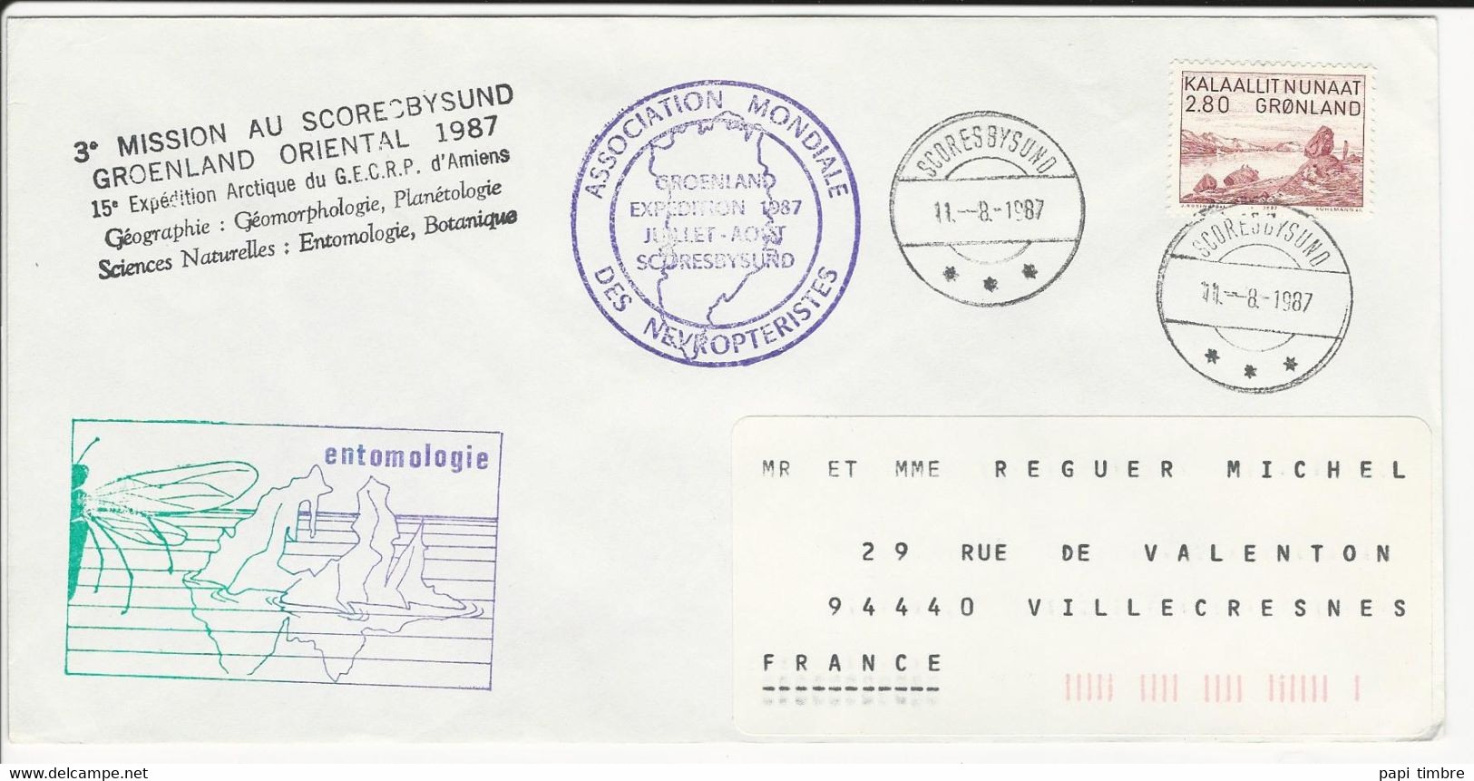 Enveloppe - 3e Mission Au SCORESBYSUND Groenland Oriental - Entomologie - 11/8/1987 - Forschungsprogramme