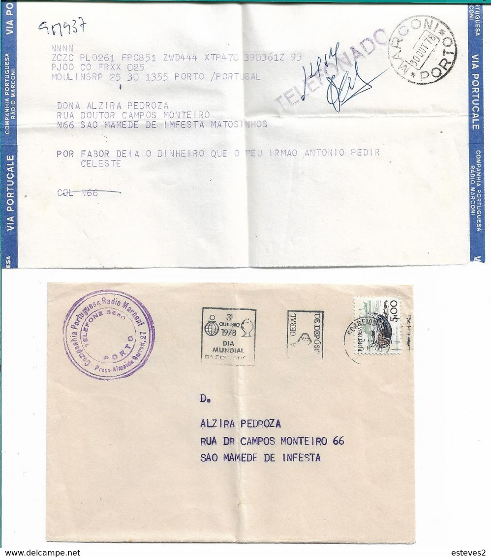 Portugal , 1978 , Radio Marconi Telegram , Porto Postmark , Dia Mundial Da Poupança , Caixa Geral Depósitos - Brieven En Documenten