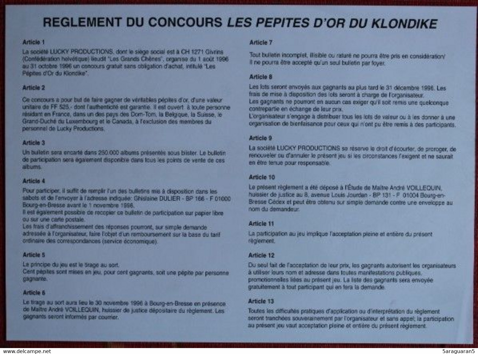 Publicité - Concours Lucky Luke - Les Pépites D'or Du Klondike - 1996 - Affiches & Offsets