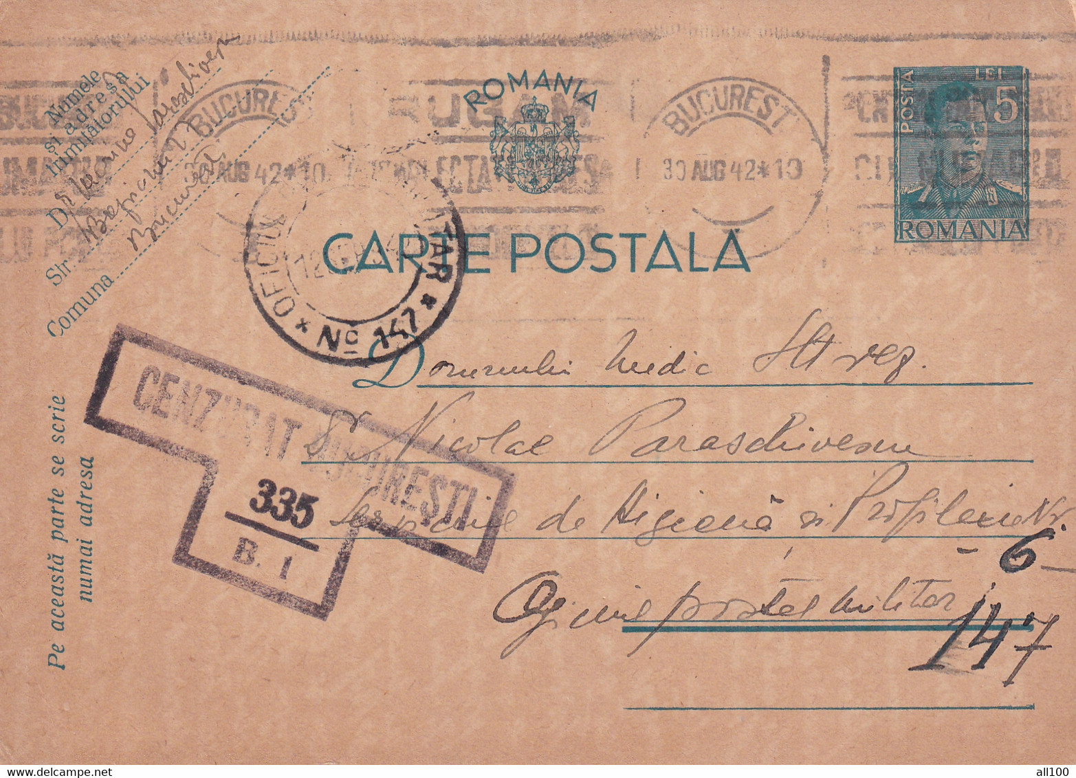 A16409 - POSTAL STATIONERY KING MICHAEL ROMANIA  CARTA POSTALA MILITARA 1943 USED  CENZORED CENZURAT BUCURESTI - 2. Weltkrieg (Briefe)