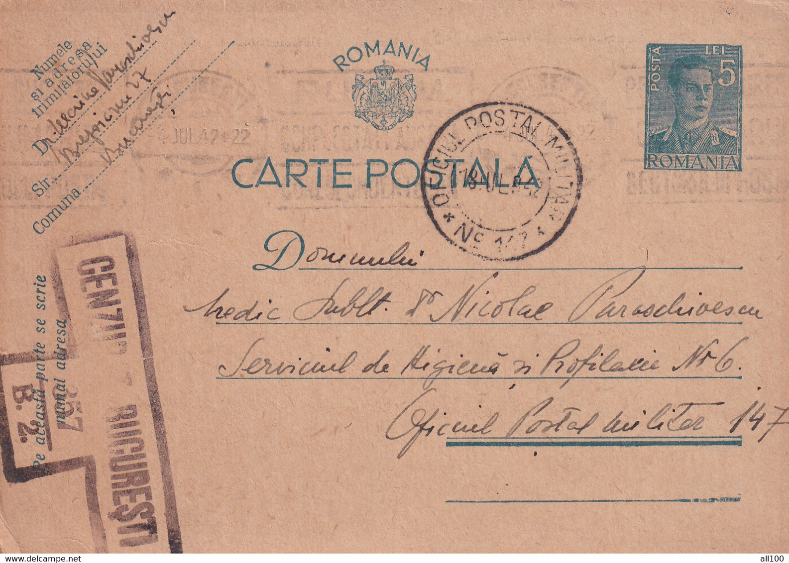 A16410 - POSTAL STATIONERY KING MICHAEL  CARTA POSTALA MILITARA 1942 USED  CENZORED CENZURAT BUCURESTI - 2de Wereldoorlog (Brieven)