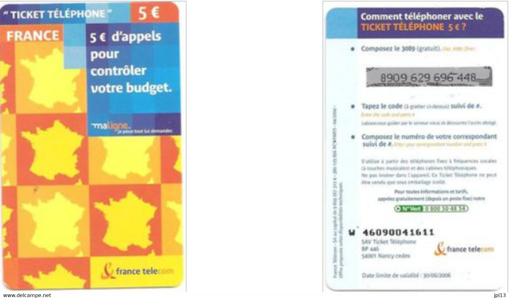 Ticket Téléphone - France - France Telecom - 5€ France, Série W 4609, Exp. 30/06/2006 - Biglietti FT