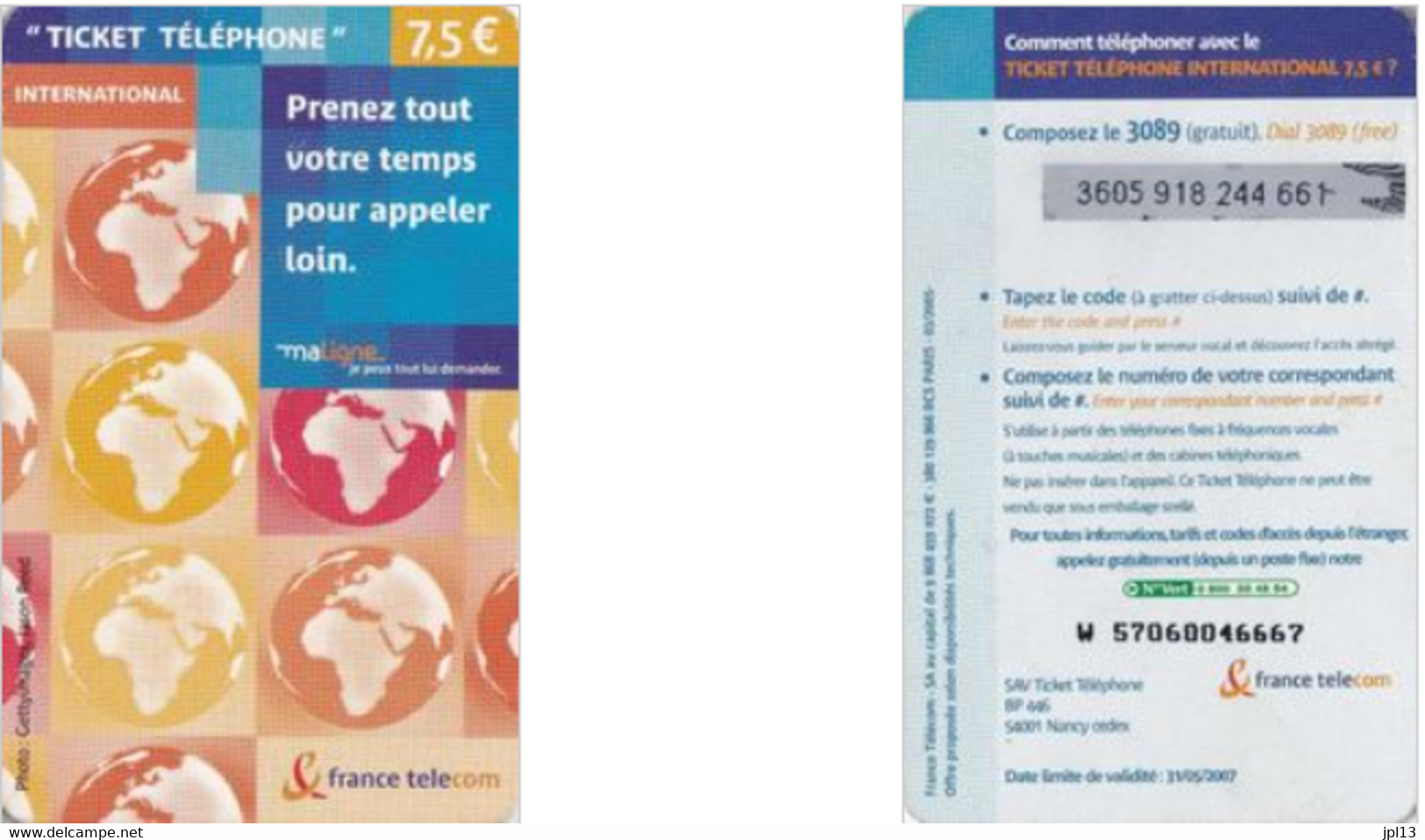 Ticket Téléphone - France - France Telecom - 7,5€ International, Série W 5722, Exp. 30/06/2007 - FT