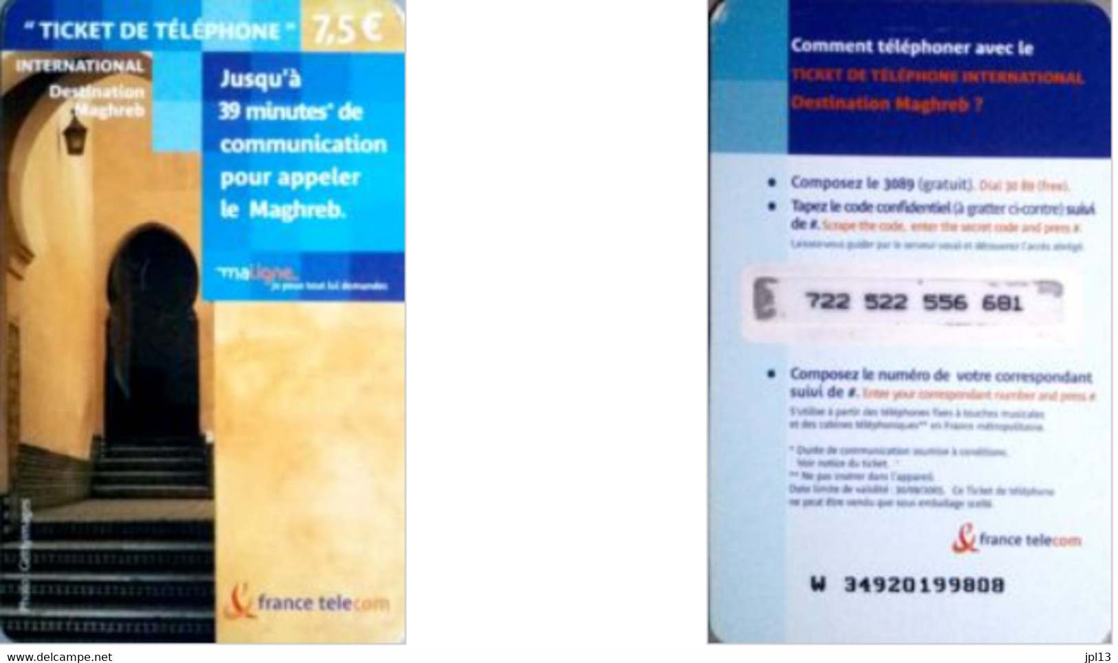 Ticket Téléphone - France - France Telecom - 7,5€ International Destination Maghreb, Série W 3492, Exp. 30/09/2005 - Tickets FT