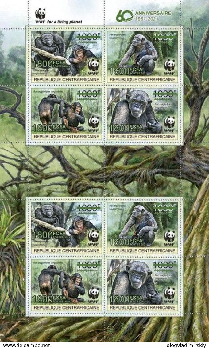 Central African Republic 2021 WWF Chimpanzee Block Of 2 Strips Of 4 Stamps And 2 Coupons Overprinted With Green Foil - Chimpanzés