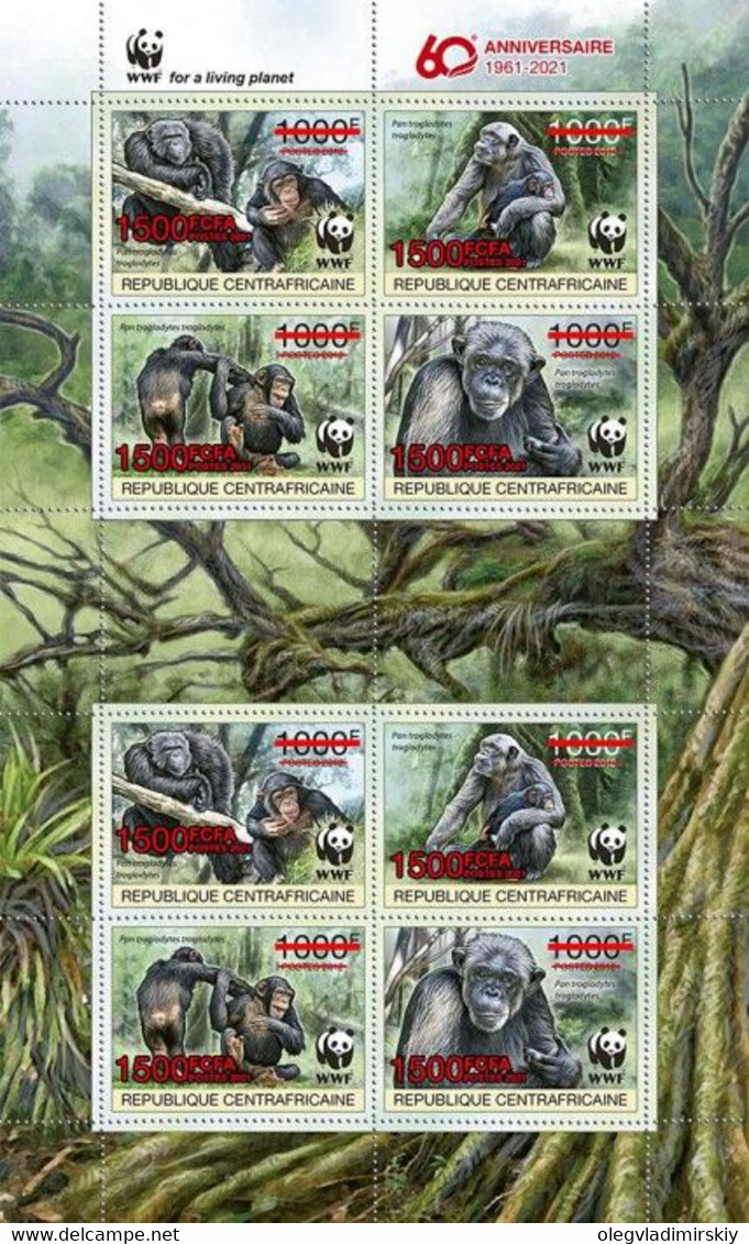 Central African Republic 2021 WWF Chimpanzee Block Of 2 Strips Of 4 Stamps And 2 Coupons Overprinted With Red Foil - Chimpancés