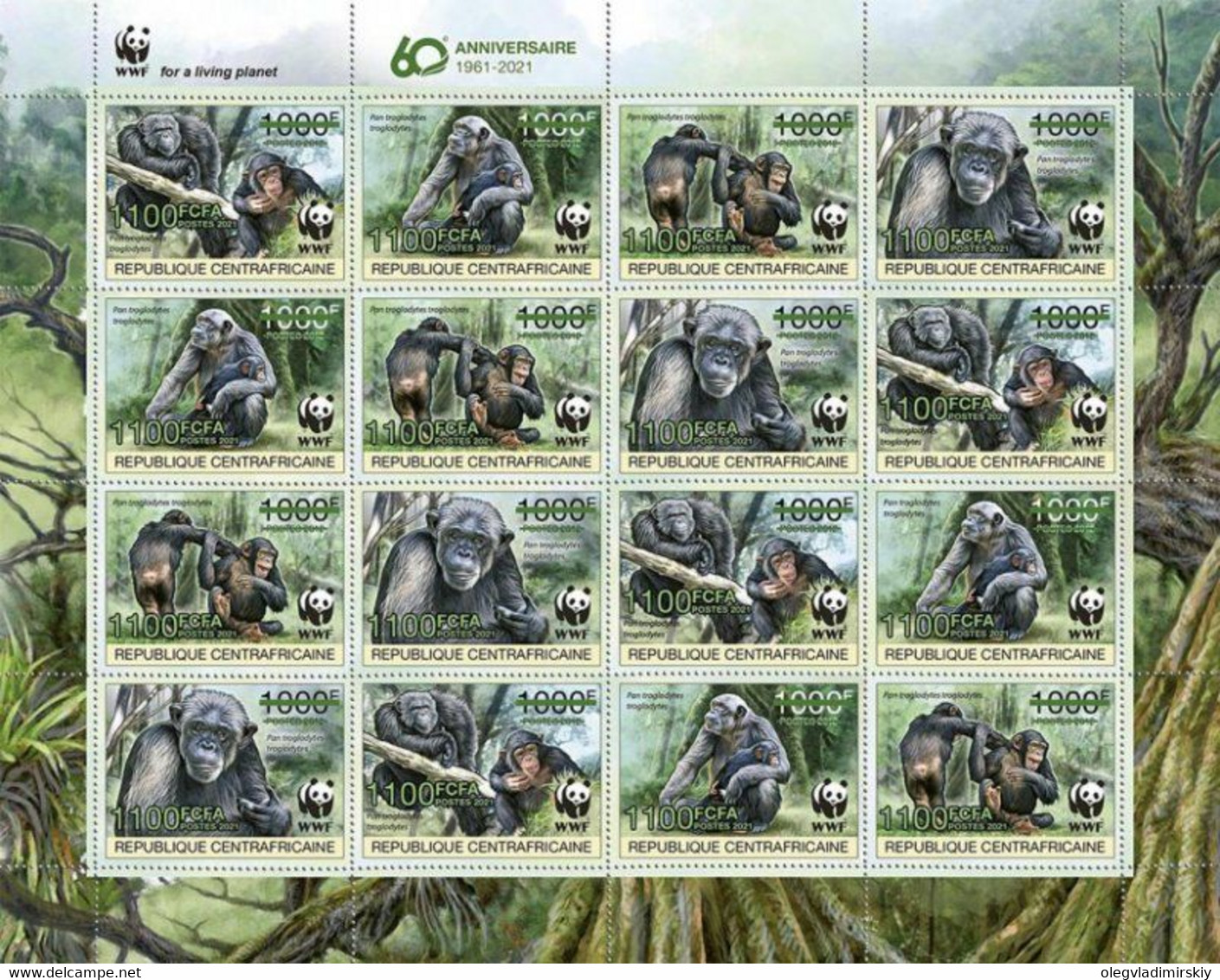 Central African Republic 2021 WWF Chimpanzee Sheet Of 4 Strips Of 4 Stamps Overprinted With Green Foil - Chimpanzés