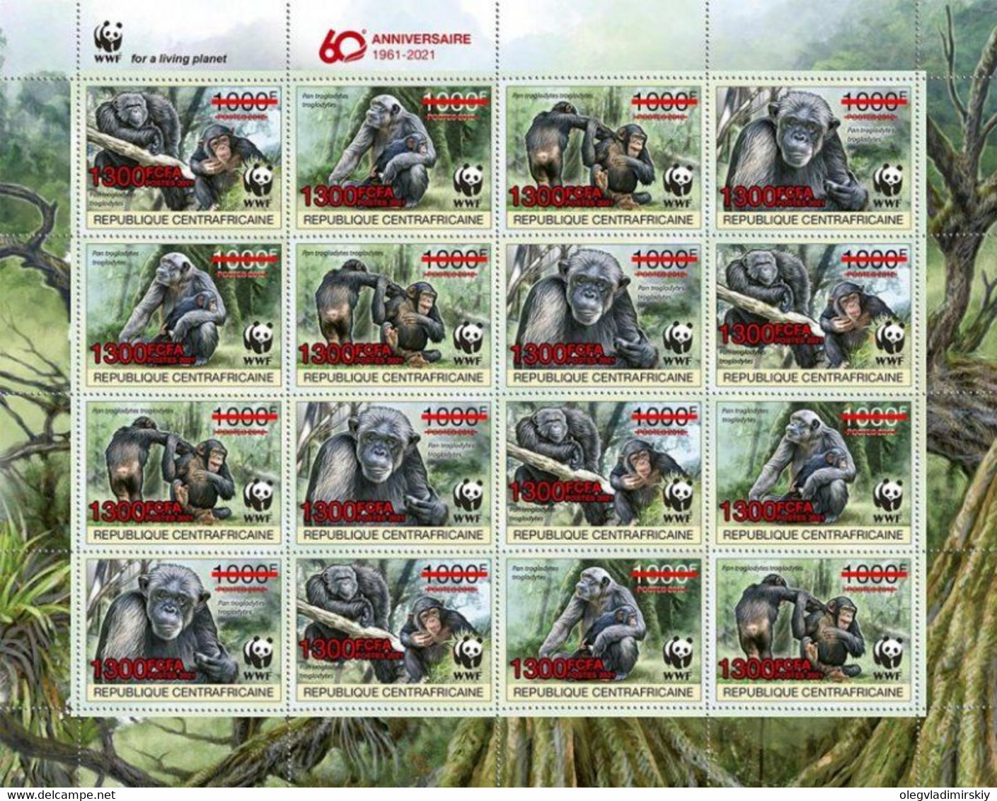 Central African Republic 2021 WWF Chimpanzee Sheet Of 4 Strips Of 4 Stamps Overprinted With Red Foil - Chimpanzees