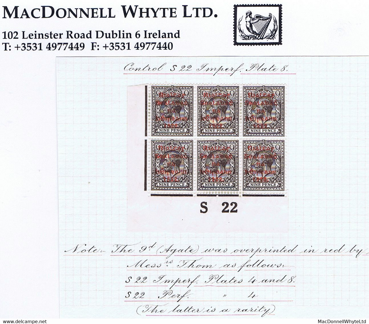 Ireland 1922 Thom Rialtas 5-line Red Overprint 9d Agate, Control S22 Imperf, Corner Block Of Six Plate 8 Hinged Mint - Ungebraucht