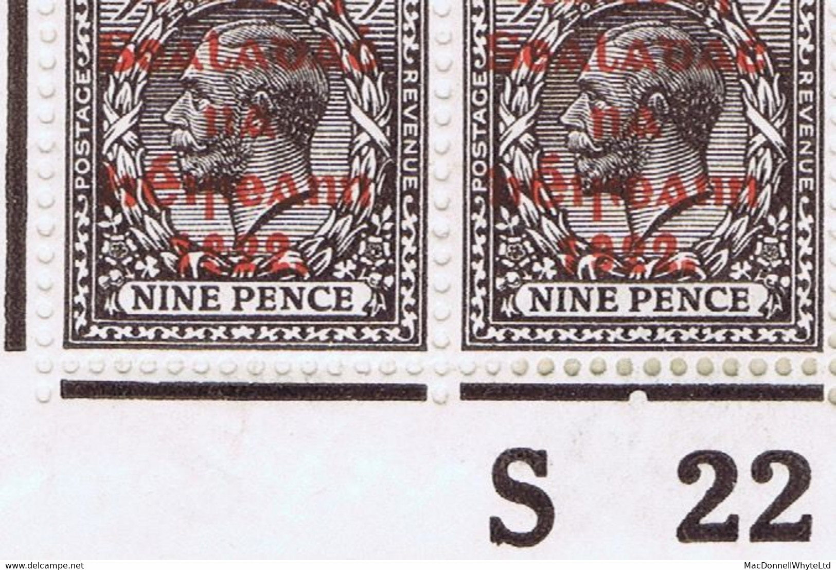Ireland 1922 Thom Rialtas 5-line Red Overprint 9d Agate, Control S22 Imperf, Corner Block Of Six Plate 8 Hinged Mint - Neufs