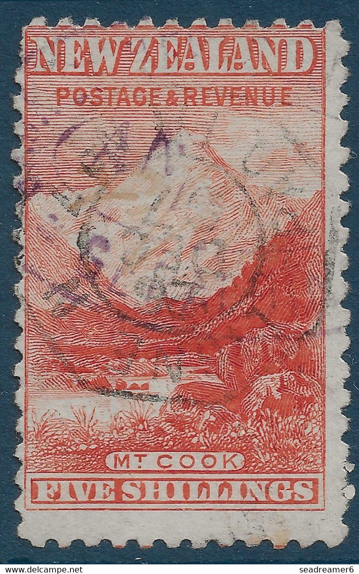 Nouvelle Zelande Mont Cook N°93 5shilling Vermillon Sans Filigrane Obliteration Octogonale "PAQ FR N°1 LIGNE N" RRR - Used Stamps