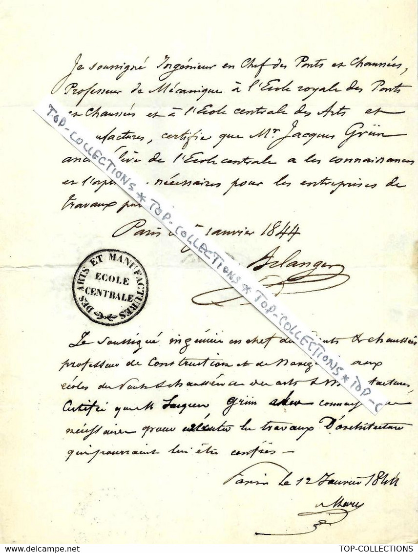 1844 ATTESTATION ECOLE CENTRALE  ARTS ET MANUFACTURE PARIS 2 Sign. Au Nom De Jacques Grun Ingénieur à Guebwiller Alsace - Historical Documents