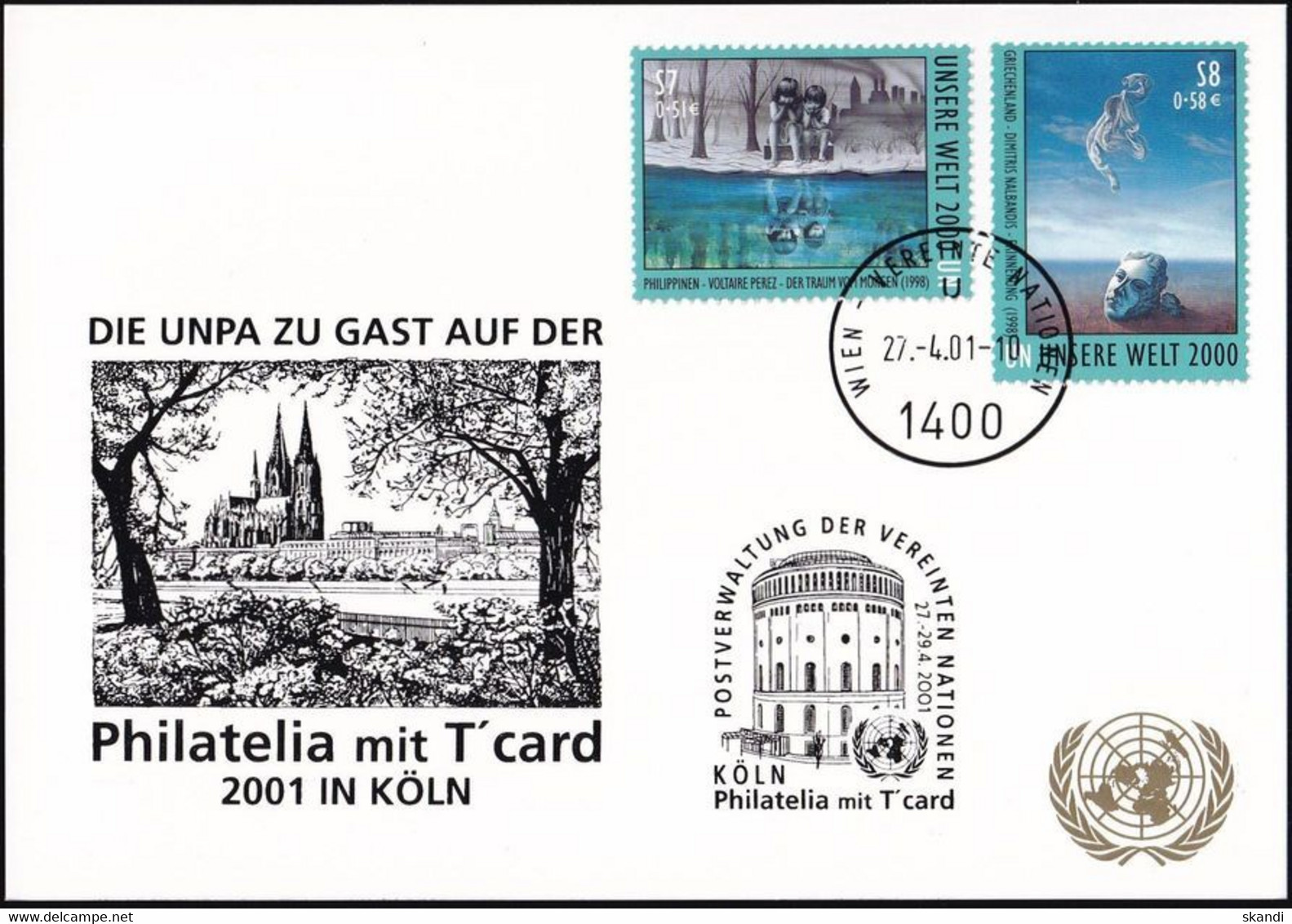 UNO WIEN 2001 Mi-Nr. 227 WEISSE KARTE - PHILATELIA KÖLN 27.04.2001 - Covers & Documents