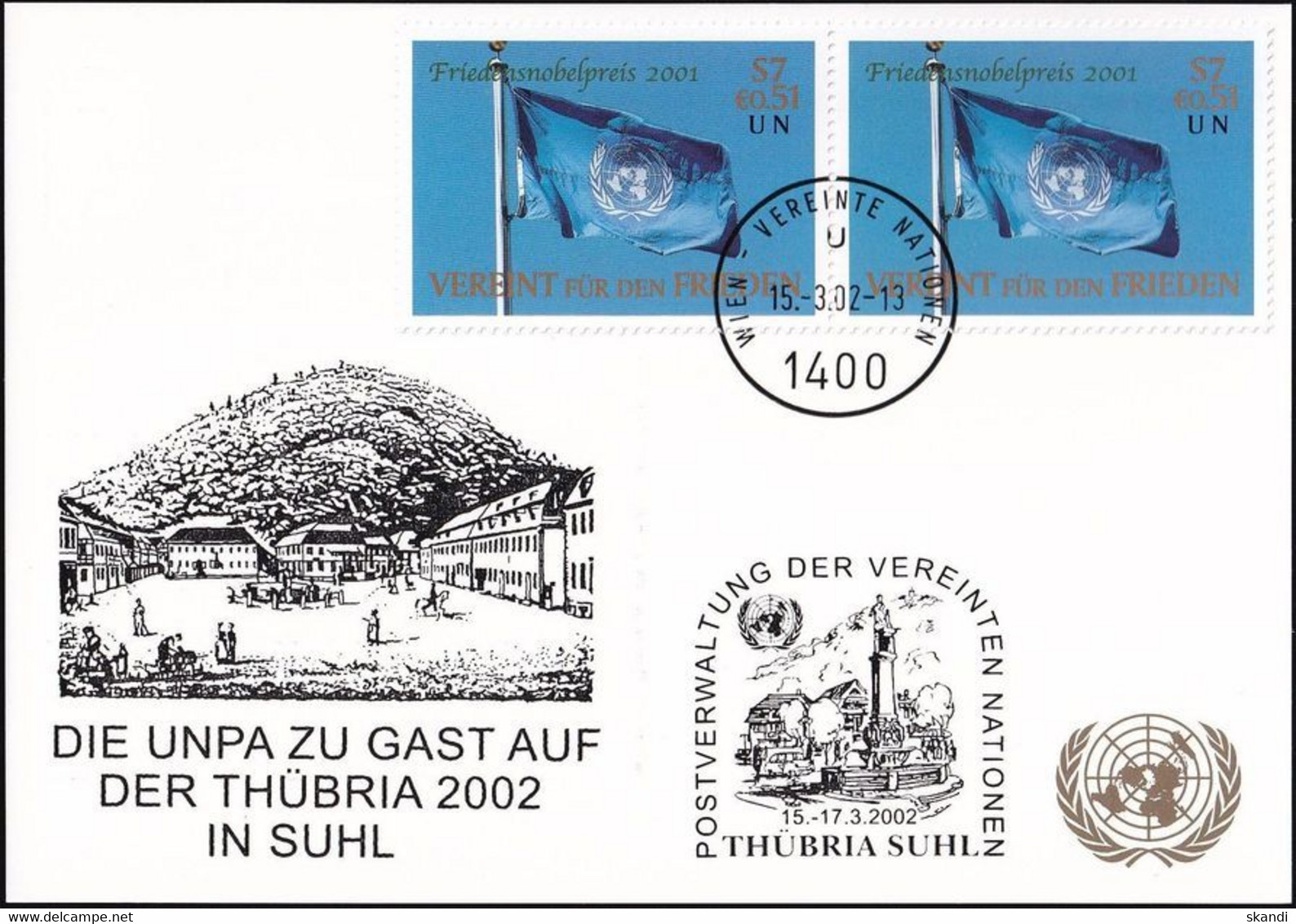 UNO WIEN 2002 Mi-Nr. 237 WEISSE KARTE - THÜBRIA SUHL 15.03.2002 - Covers & Documents