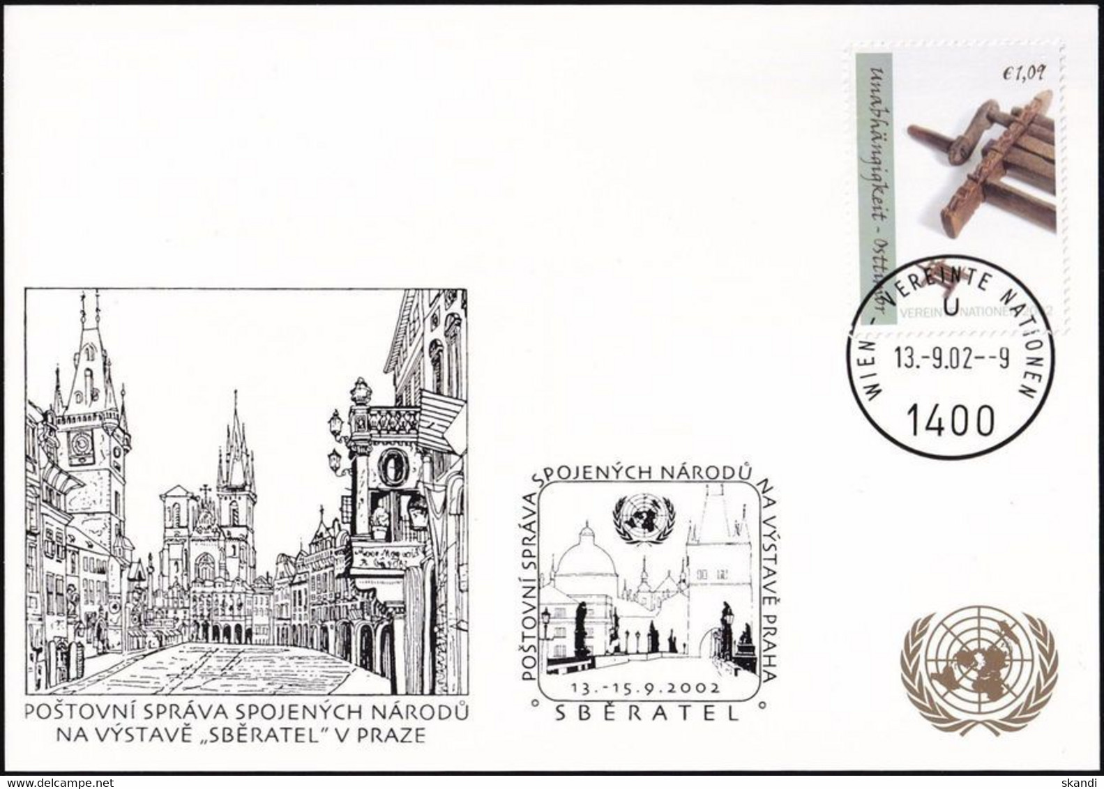 UNO WIEN 2002 Mi-Nr. 243 WEISSE KARTE - SBERATEL PRAG 13.09.2002 - Storia Postale