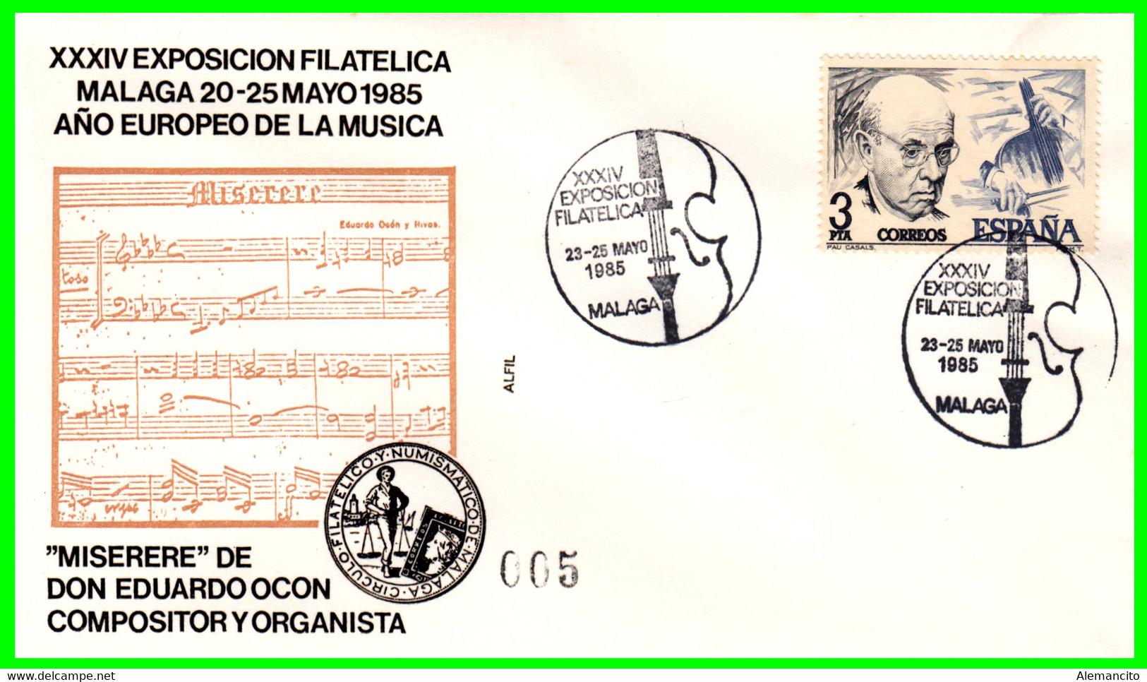 SOBRE EXPOSICION FILATELICA DE MALAGA AÑO EUROPEO DE LA MUSICA CON MATASELLO DE MALAGA AÑO 1985 - Altri & Non Classificati