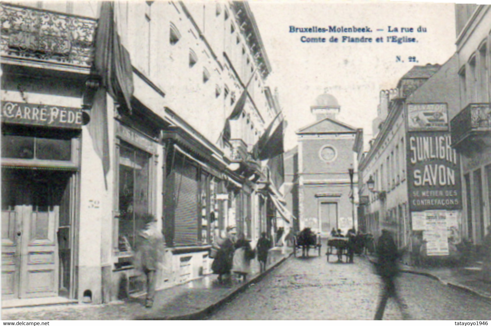 Bruxelles Molenbeek  La Rue Du Comte De Flandre Et L'eglise Animée Publicité Sunlight Savon Charette Voyagé En 1908 - St-Jans-Molenbeek - Molenbeek-St-Jean