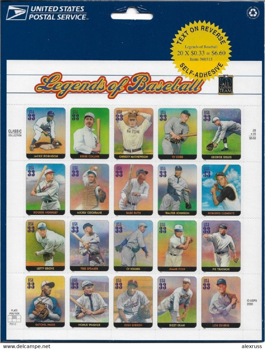 USA 2000 Sport Sheet Legends Of Baseball, 20 Stamps, 33c, Scott # 3408 Original Post Package Sealed,VF MNH** - Sheets