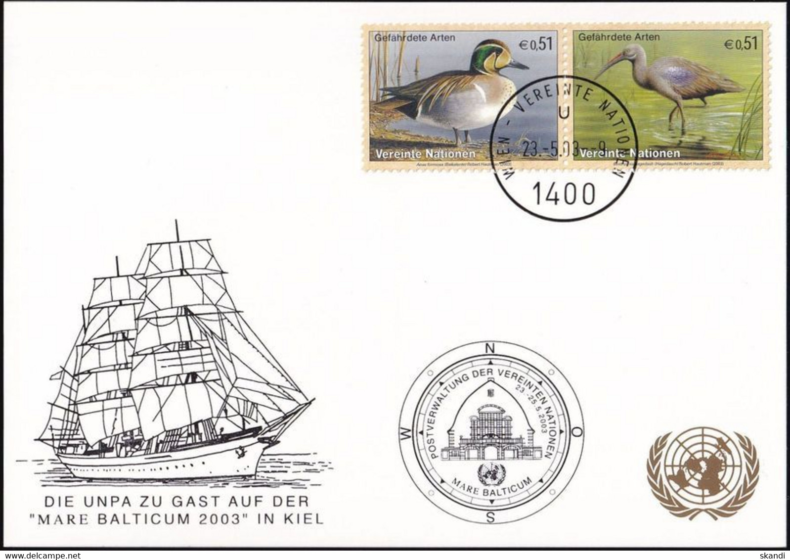 UNO WIEN 2003 Mi-Nr. 254 WEISSE KARTE - MARE BALTICUM KIEL 23.05.2003 - Storia Postale