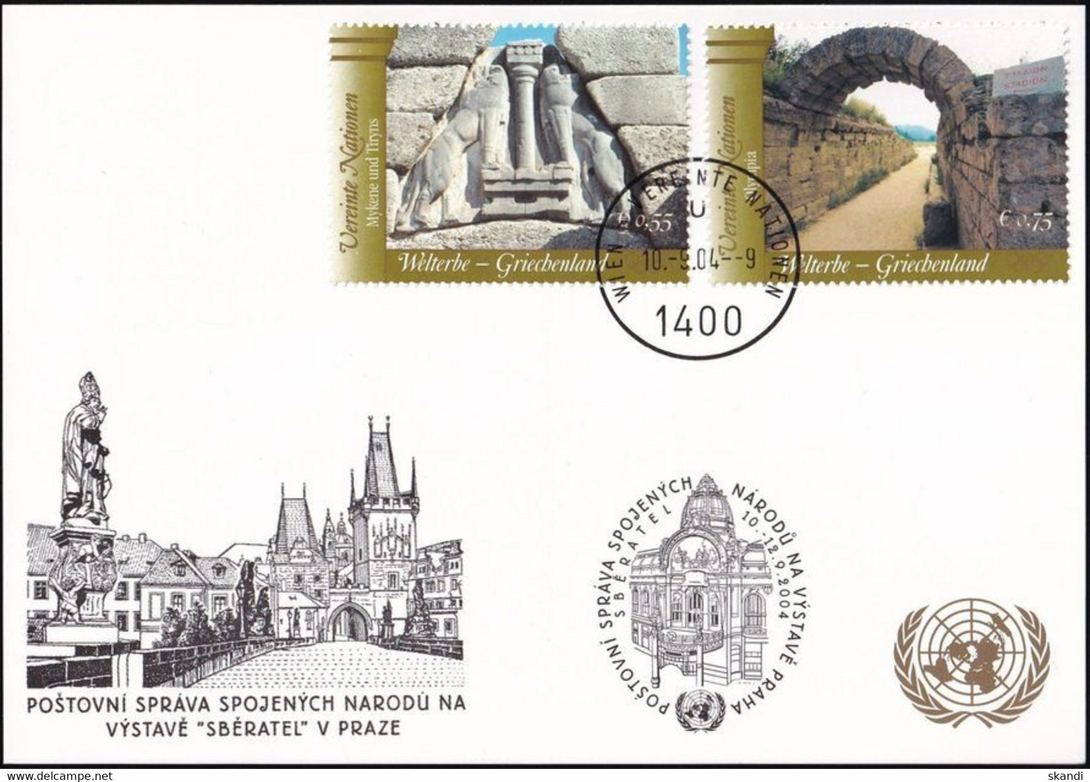 UNO WIEN 2004 Mi-Nr. 262 WEISSE KARTE - SBERATEL PRAG 10.09.2004 - Covers & Documents
