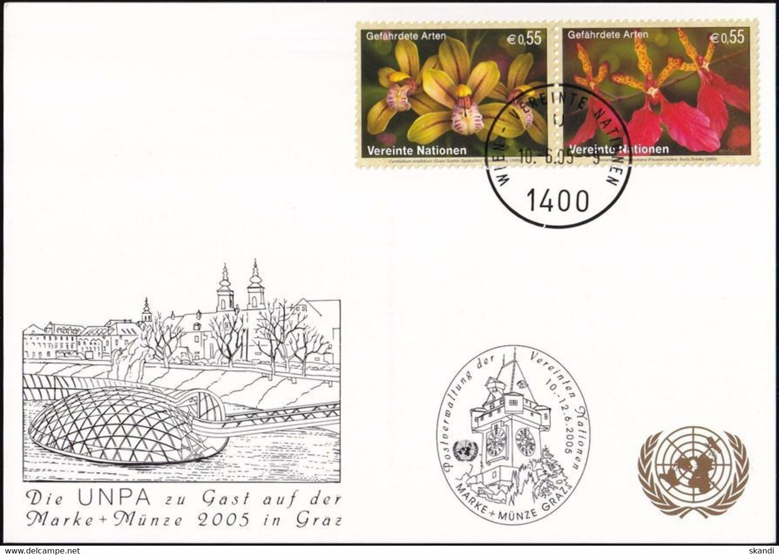 UNO WIEN 2005 Mi-Nr. 271 WEISSE KARTE - MARKE + MÜNZE GRAZ 10.06.2005 - Covers & Documents