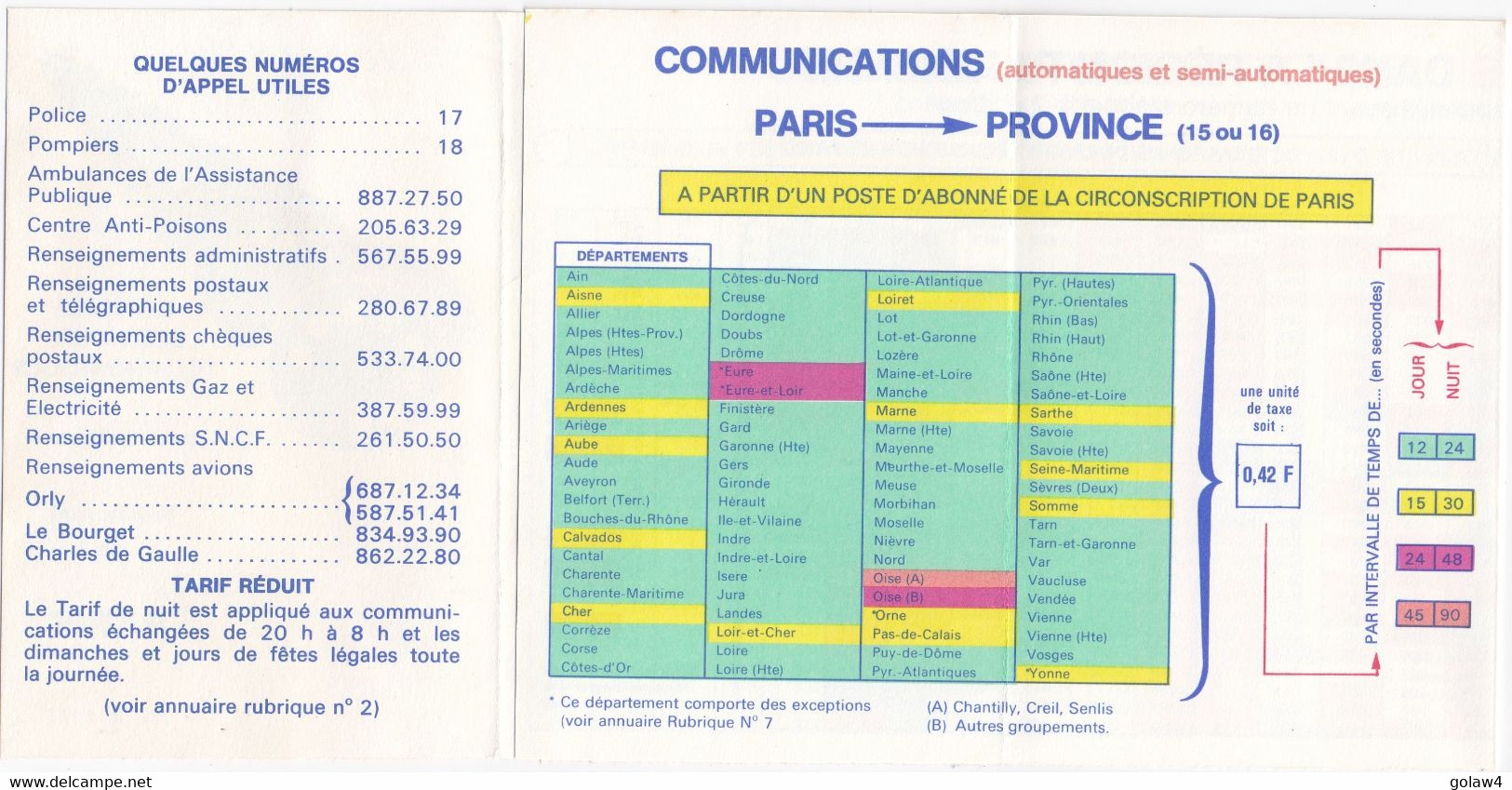 28652# BAREMES DES TARIFS TELEPHONIQUES POUR UN ABONNE TELEPHONANT DE PARIS AVRIL 1977 TELEPHONE - Telefonia