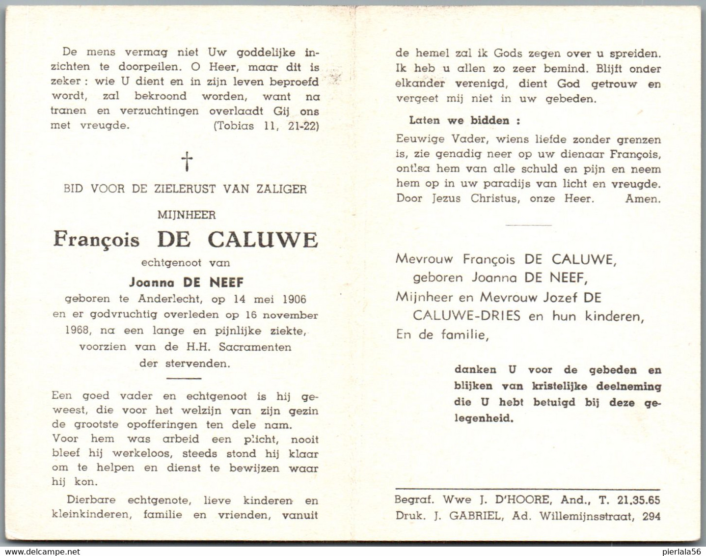 Bidprentje Anderlecht - De Caluwe François (1906-1968) - Images Religieuses