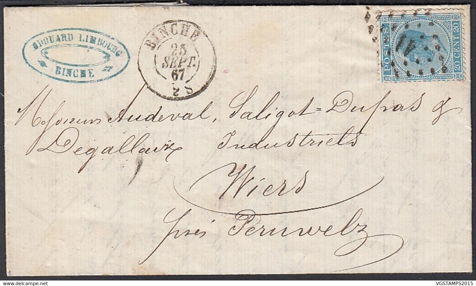 Belgique 1865- Lettre.  Cob Nr. 18 Oblitéré LP41 "BINCHE"  Vers Wiers-Peruwelz......(DD) DC-11063 - 1865-1866 Profile Left