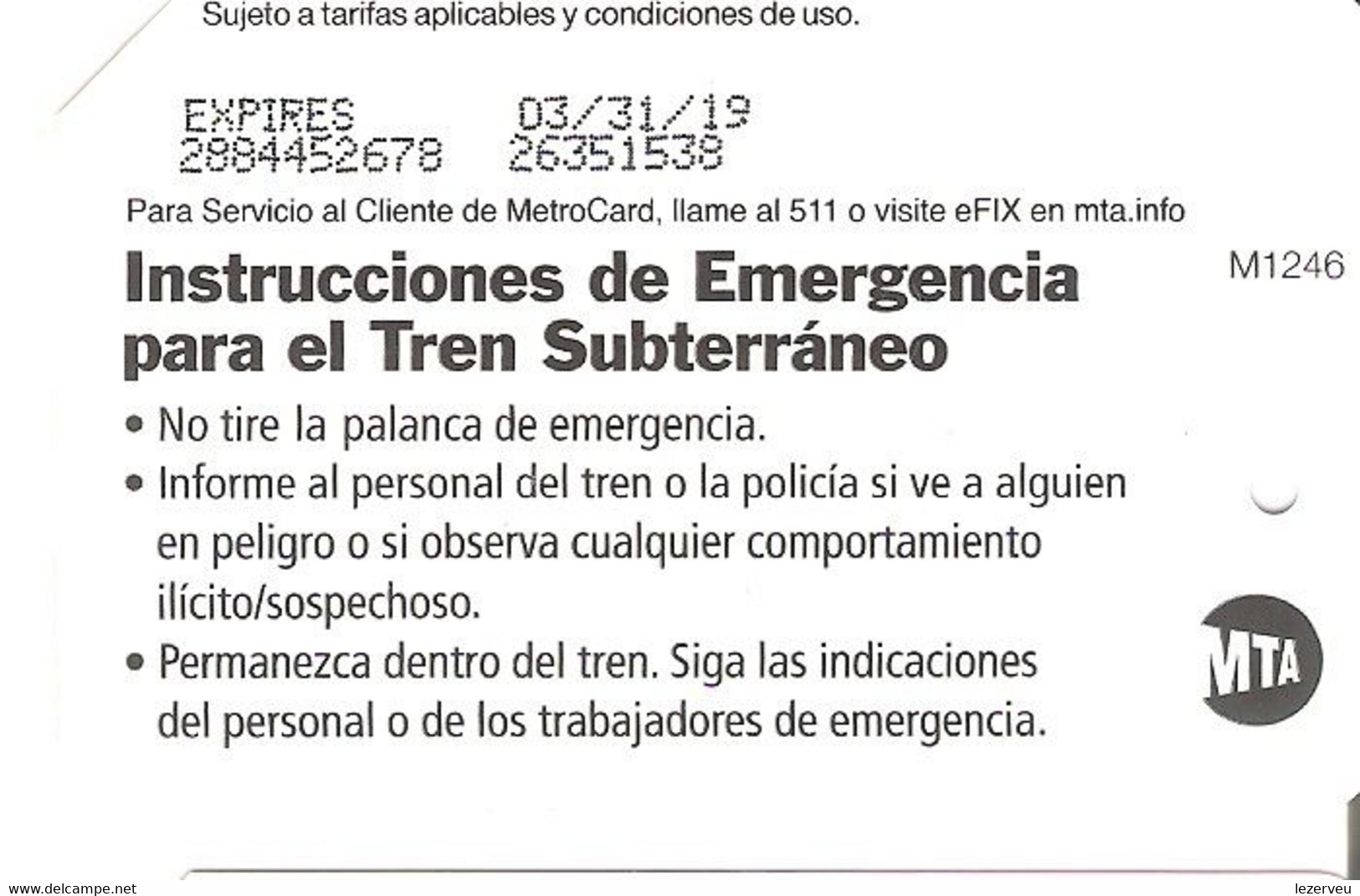 TITRE DE TRANSPORT METRO SUBWAY NEW YORK  INSTRUCTIONS EN CAS D URGENCE EN ESPAGNOL - Welt