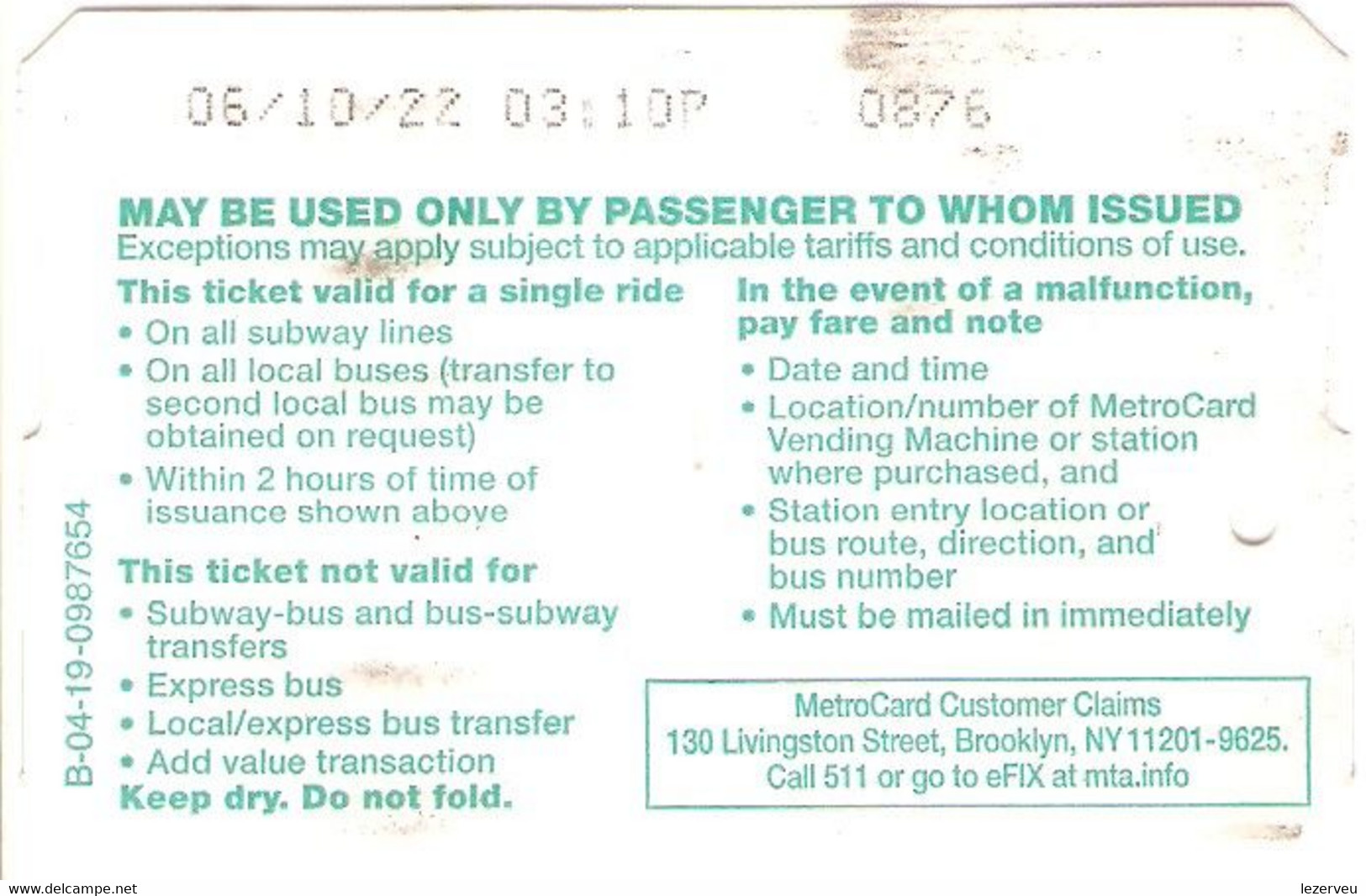 TITRE DE TRANSPORT METRO SUBWAY NEW YORK  TICKET VOYAGE SIMPLE - Wereld