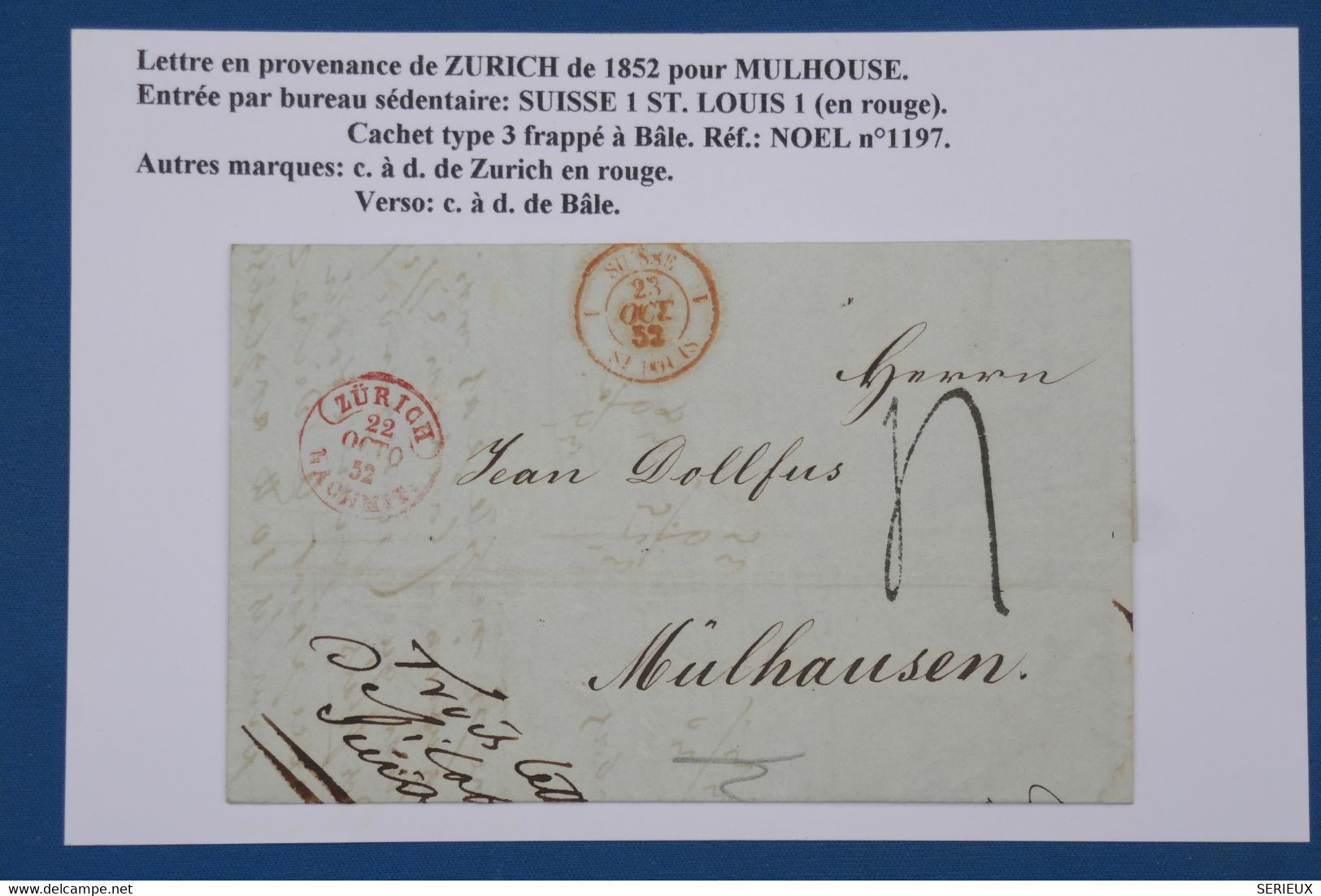 AX4 SUISSE BELLE LETTRE  1852 ZURICH  POUR MULHAUSEN FRANCE  ++CACHET ROUGE ++++AFFRANC. INTERESSANT - ...-1845 Precursores
