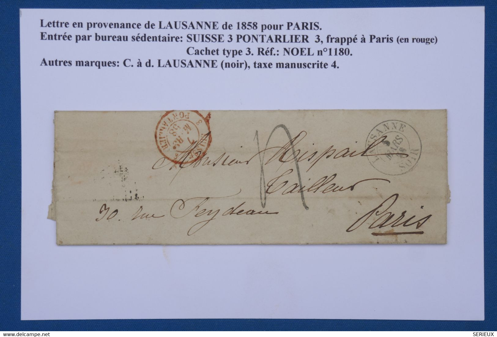 AX4 SUISSE BELLE  LETTRE 1858 LAUSANNE POUR PARIS  FRANCE  +AFFRANCH. INTERESSANT - ...-1845 Voorlopers