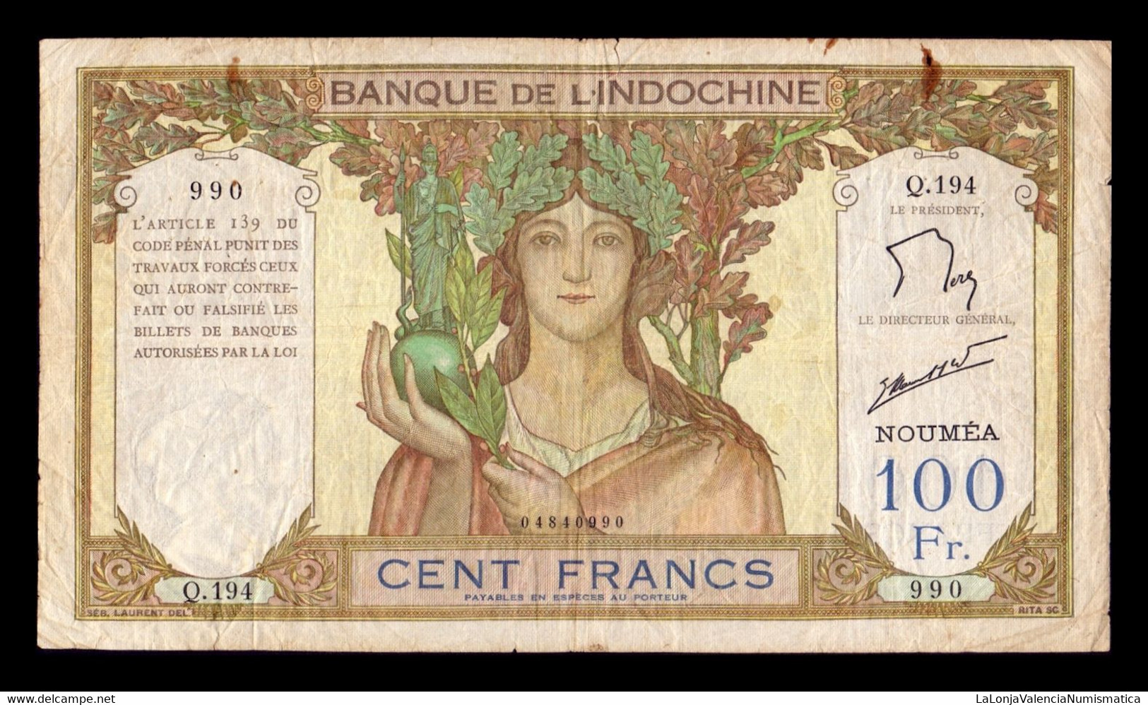 Nueva Caledonia New Caledonie 100 Francs 1937-1967 Pick 42e BC- G - Nouméa (Nuova Caledonia 1873-1985)