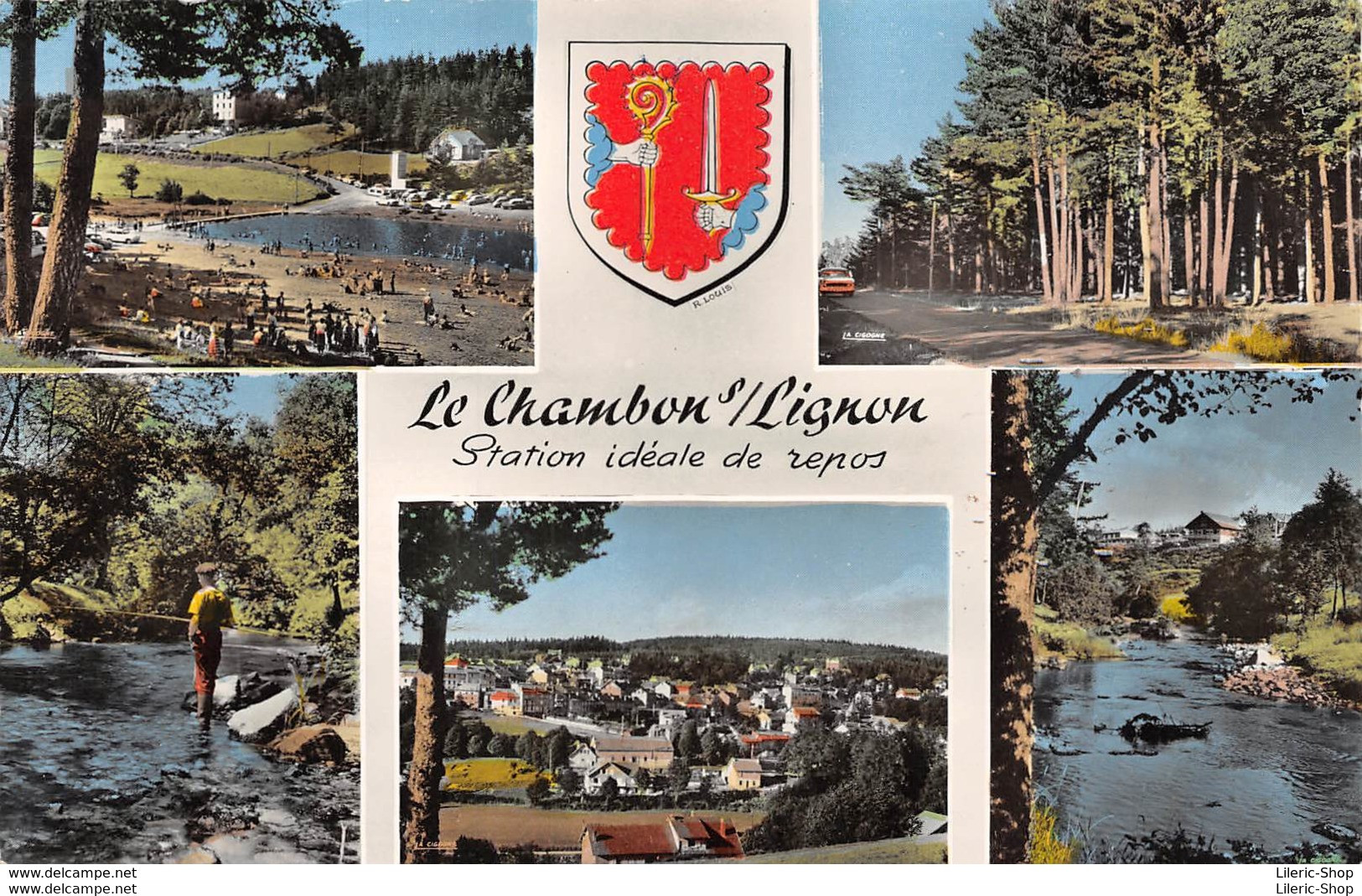 ►LE CHAMBON-SUR-LIGNON►43◄►CPSM◄1962►LA PLAGE-PÊCHEUR DE TRUITES-VUE GALE-UN COIN DU LIGNON►ÉDIT. LA CIGOGNE 43.051.07 - Le Chambon-sur-Lignon