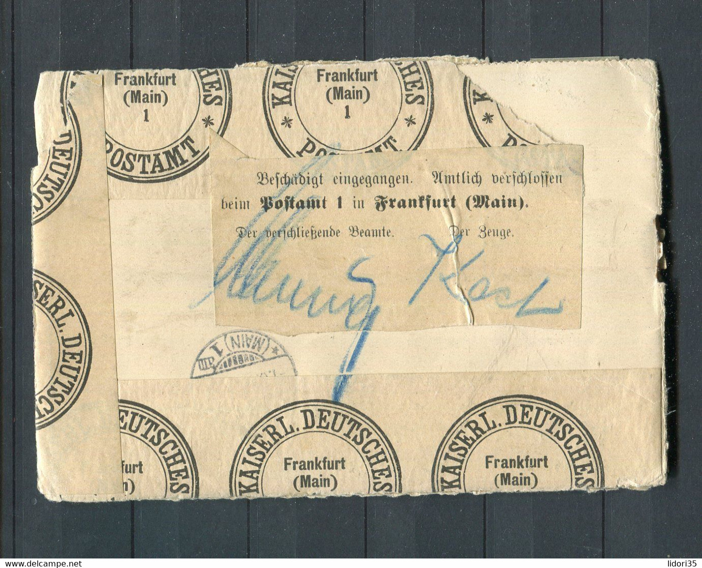 Deutsches Reich / 1907 / Post-Banderolen "Kaiserl.D.Postamt Frankfurt-beschaedigt Eingegangen" A.Brief Ex GB (E051) - Cartas & Documentos