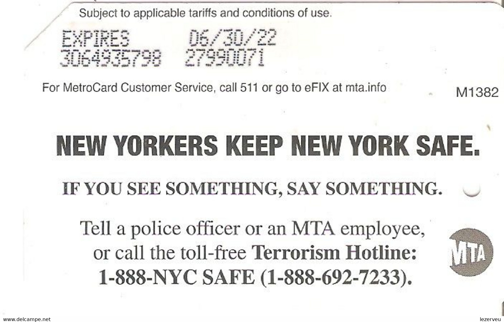 TITRE DE TRANSPORT METRO SUBWAY NEW YORK  TICKET LUTTE CONTRE LE TERRORISME EN ANGLAIS - World