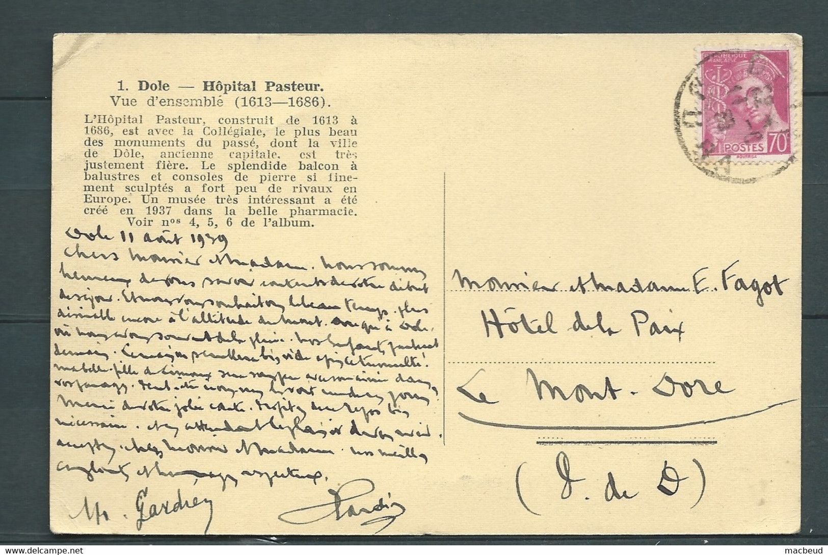 Cpa  " Dole , Hopital Pasteur " Affr. Au Dos Par Yvert N° 416 EN AOUT 1939  Af 31701 - 1938-42 Mercure