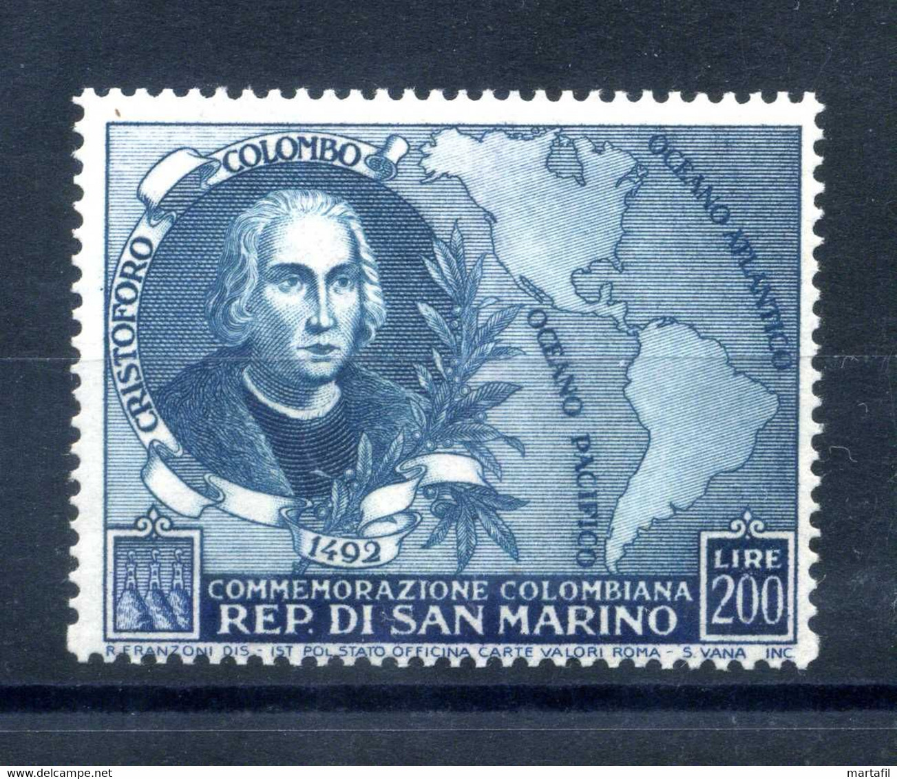 1952 SAN MARINO N.383 MNH ** 200 Lire Colombo Commemorazione Colombiana - Ongebruikt