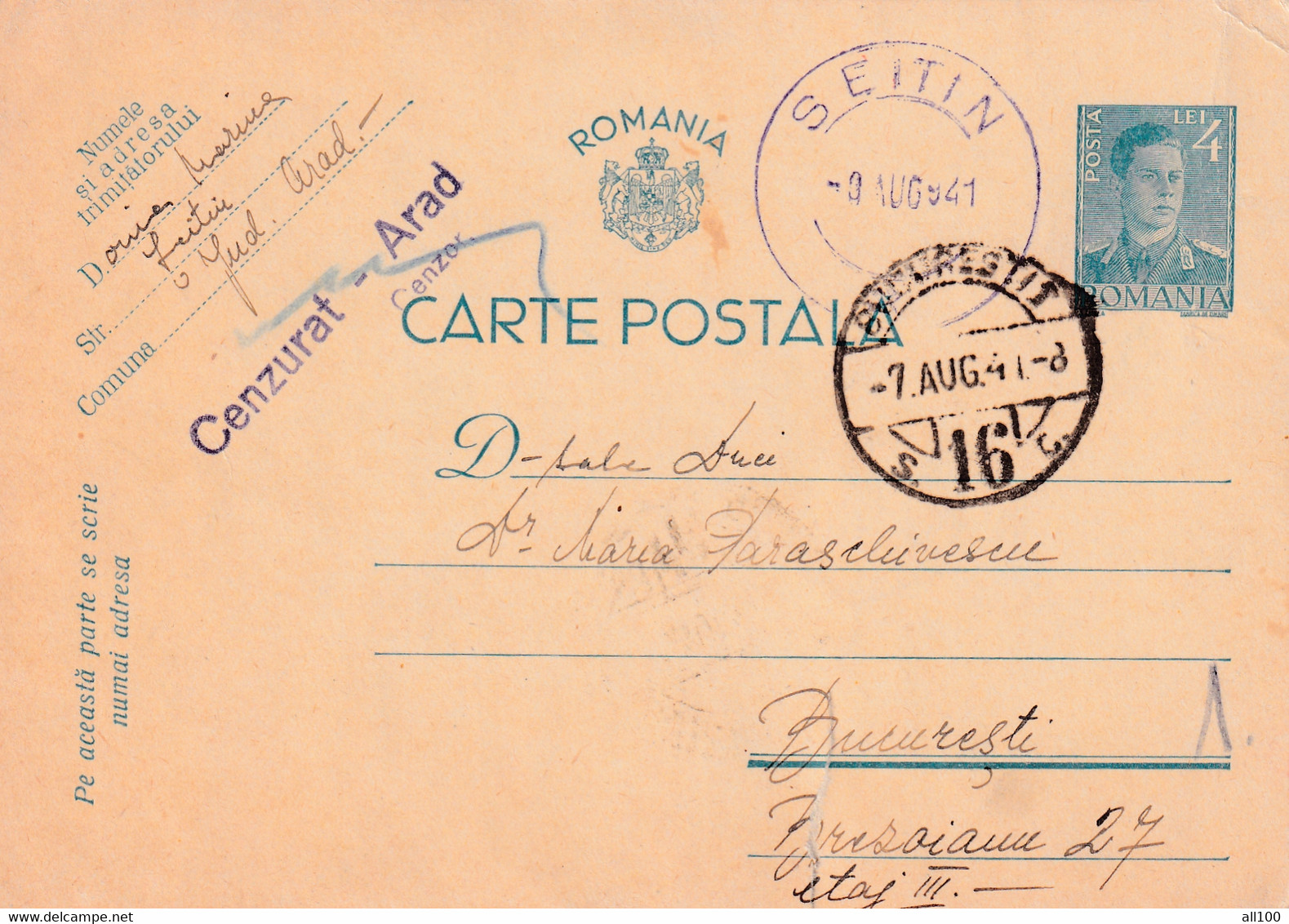A16413 - MILITARY LETTER CENZURAT CENZORED ARAD SEITIN  KING MICHAEL 4 Lei  POSTAL STATIONERY 1941 - World War 2 Letters