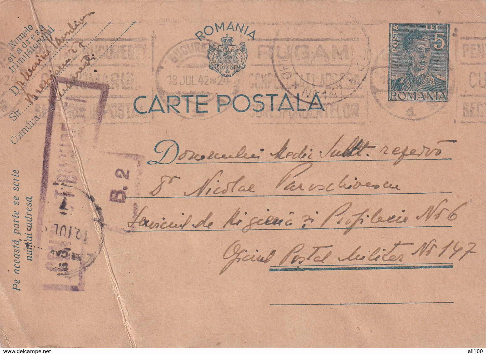 A16418 - MILITARY LETTER CENZURAT CENZORED BUCURESTI B.2 KING MICHAEL 5 LEI  POSTAL STATIONERY 1942 OFICIUL POSTAL MILIT - Cartas De La Segunda Guerra Mundial