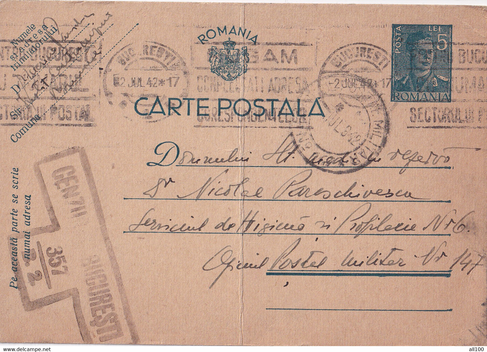 A16419 - MILITARY LETTER CENZURAT CENZORED BUCURESTI 357 KING MICHAEL 5 LEI  POSTAL STATIONERY 1942 OFICIUL POSTAL MILIT - Cartas De La Segunda Guerra Mundial